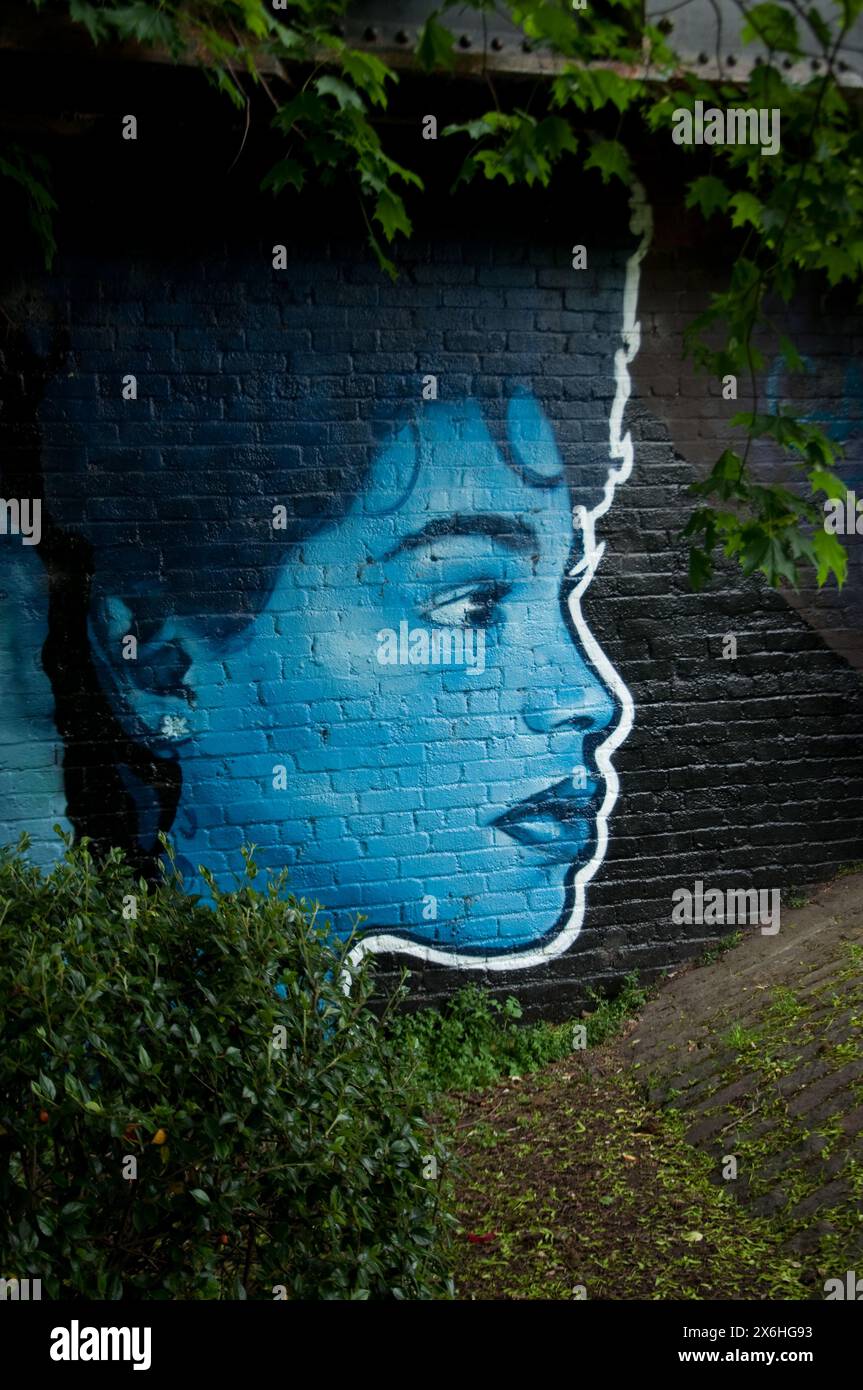 Street Art/Graffiti, Glasgow, Schottland, Großbritannien - Gemälde eines Frauenkopfes Stockfoto