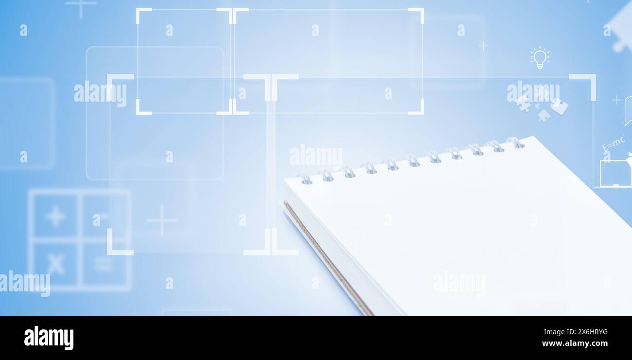 Das offene spiralgebundene Notizbuch auf blauem futuristischem Hintergrund mit Geschäfts- und Bildungselementen Stockfoto