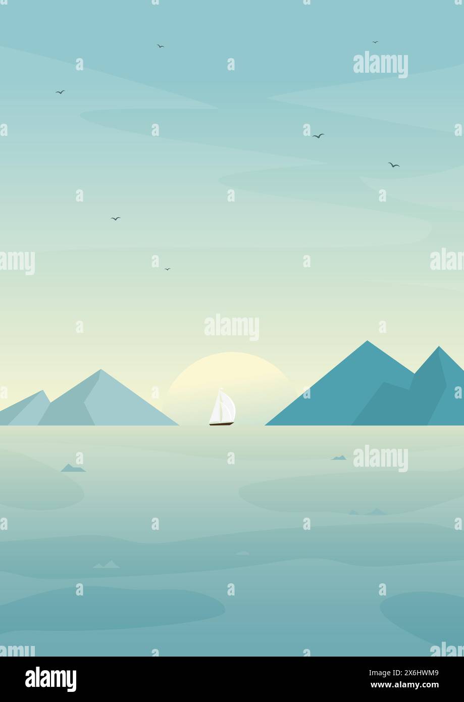 Morgenlandschaft mit Meer und Vektor-Illustration. Meer mit Bergen. Skandinavischer Naturfjord in flachem Stil. Segelschiff. Babydruck, Stock Vektor