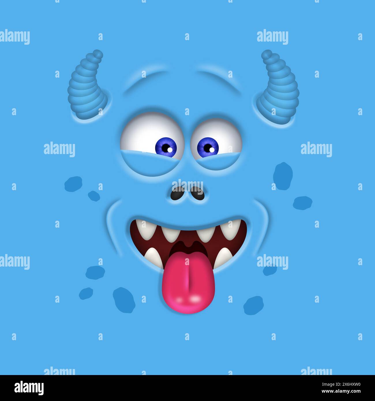 Lustiges Blaues Monster-Gesicht. Comic Monster Gesicht Illustration. Stockfoto