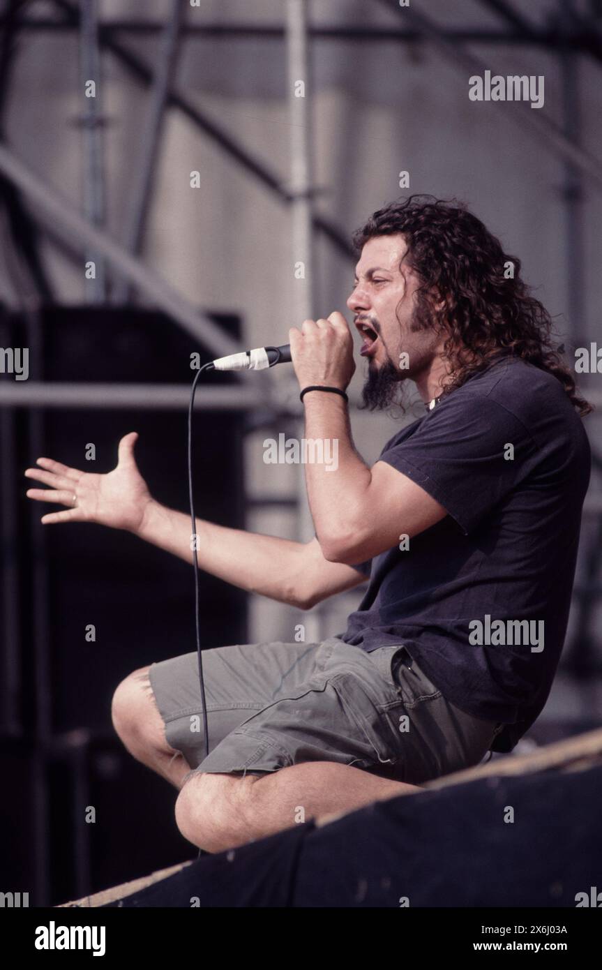 Mailand Italien 09.06.1995: Gianluca Perotti Sänger der Extrema, italienische Metal Band, während des Live-Konzerts beim Sonoria Festival 1995 Stockfoto