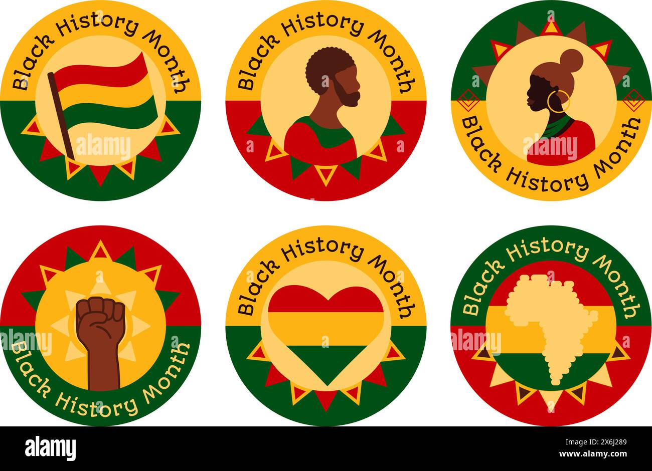 Schwarze Geschichte Monat Abzeichen mit der Inschrift. Afroamerikanische Geschichte Monat Schilder in Rot, Gelb und Grün, die Leistungen gewidmet sind b Stock Vektor