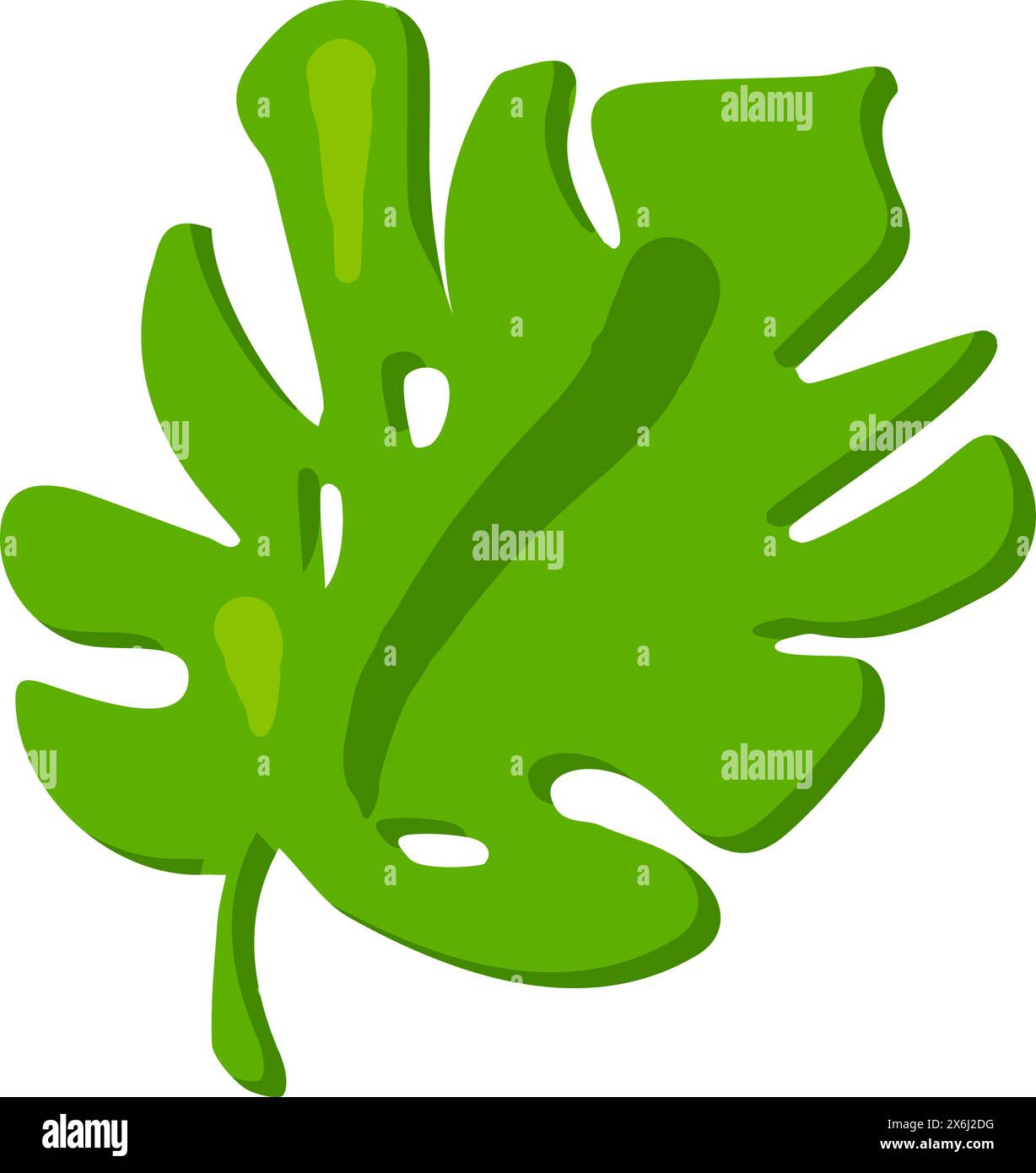 Das holzige Monstera-Blatt wurde von einem Kind gezeichnet. Helles kindliches, sorgloses Blatt exotischer Pflanzenmonstera-Zeichnung für die Gestaltung der festlichen Frühlingsfahne. Flache Handzeichnung Stock Vektor
