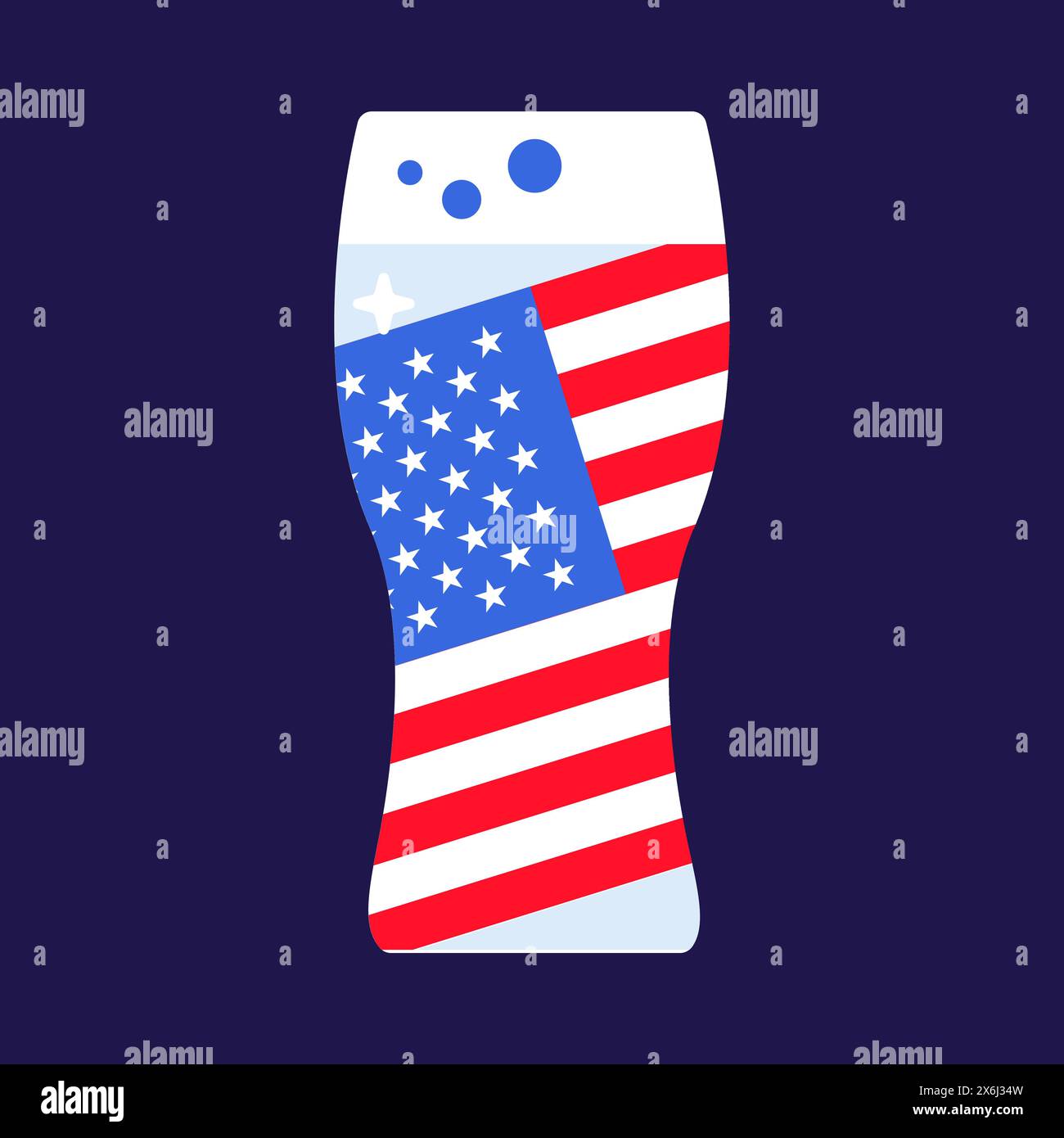 Hohes Glas gefüllt mit leichtem Bier, kohlensäurehaltigem Getränk. Festliches Element, Attribute des 4. Juli USA Unabhängigkeitstages. Flaches Vektorsymbol in nationalen Farben Stock Vektor