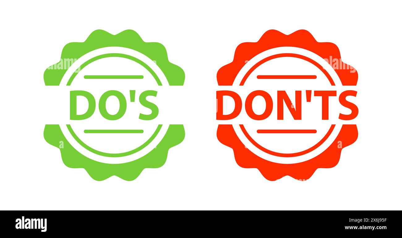 DOS- und DONTs-Zeichen, Etikett. Zwei grüne und rote Aufkleber Stock Vektor