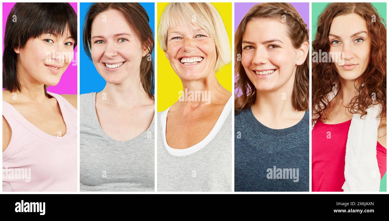 Porträts zufriedener erwachsener Frauen verschiedener Generationen in Sportbekleidung Stockfoto