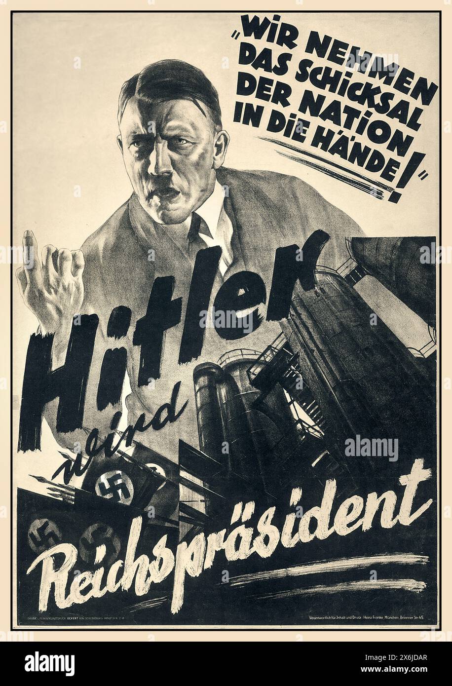ADOLF HITLER NSDAP-Vorkriegswahl 1930: Deutsches Propagandaplakat mit Adolf Hitler als „Reichsprasident“, in dem steht: „Wir nehmen das Schicksal der Nation in unsere Hand“ Nazi-Deutschland Stockfoto