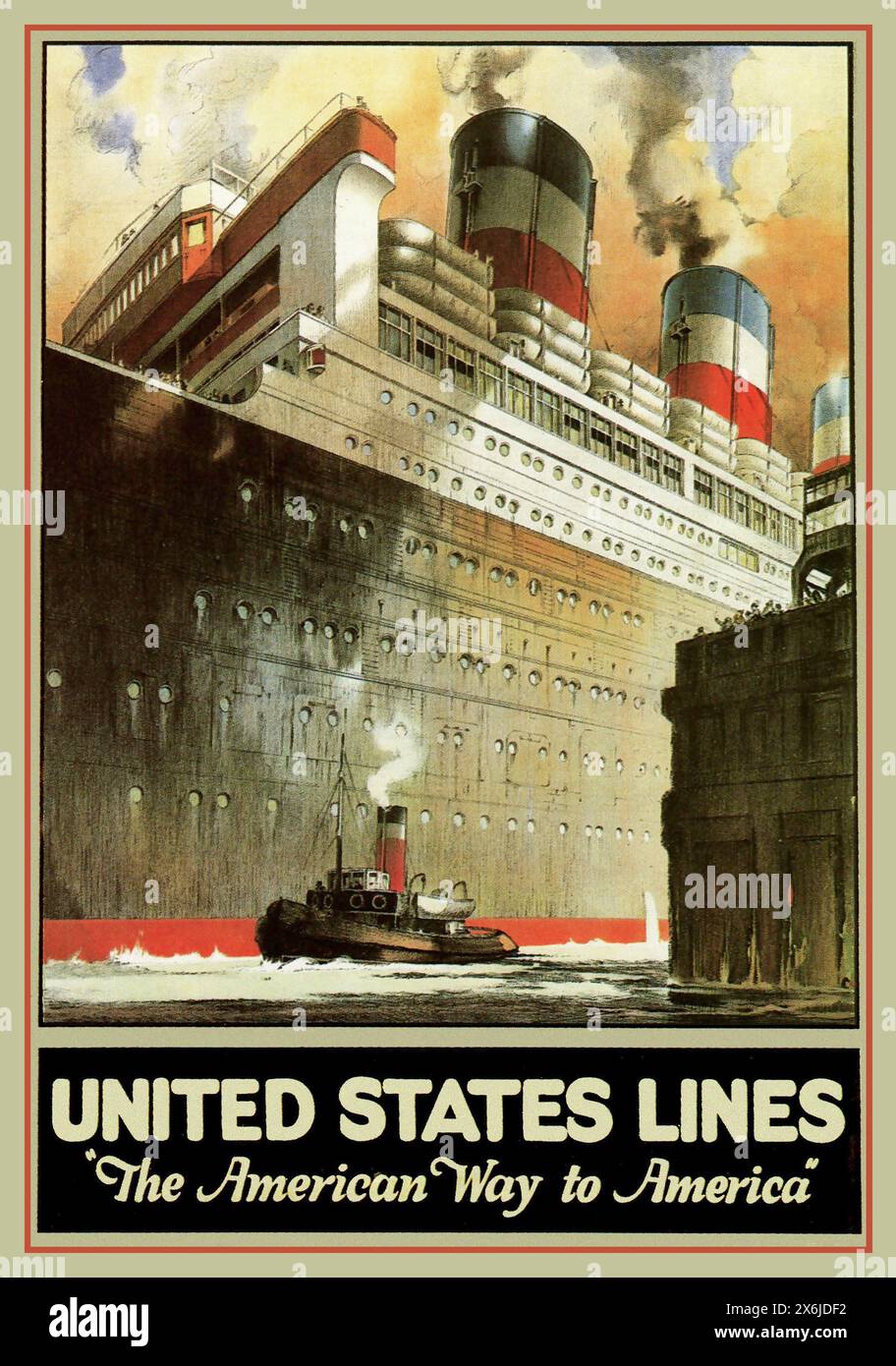 1923 US-LINIEN „The American Way to America“ Oldtimer-Kreuzfahrtschiff-Poster. Mit dem SS Levviathan Ocean Liner, damals der größte der Welt. Posterkunst von RS Pike. Stockfoto