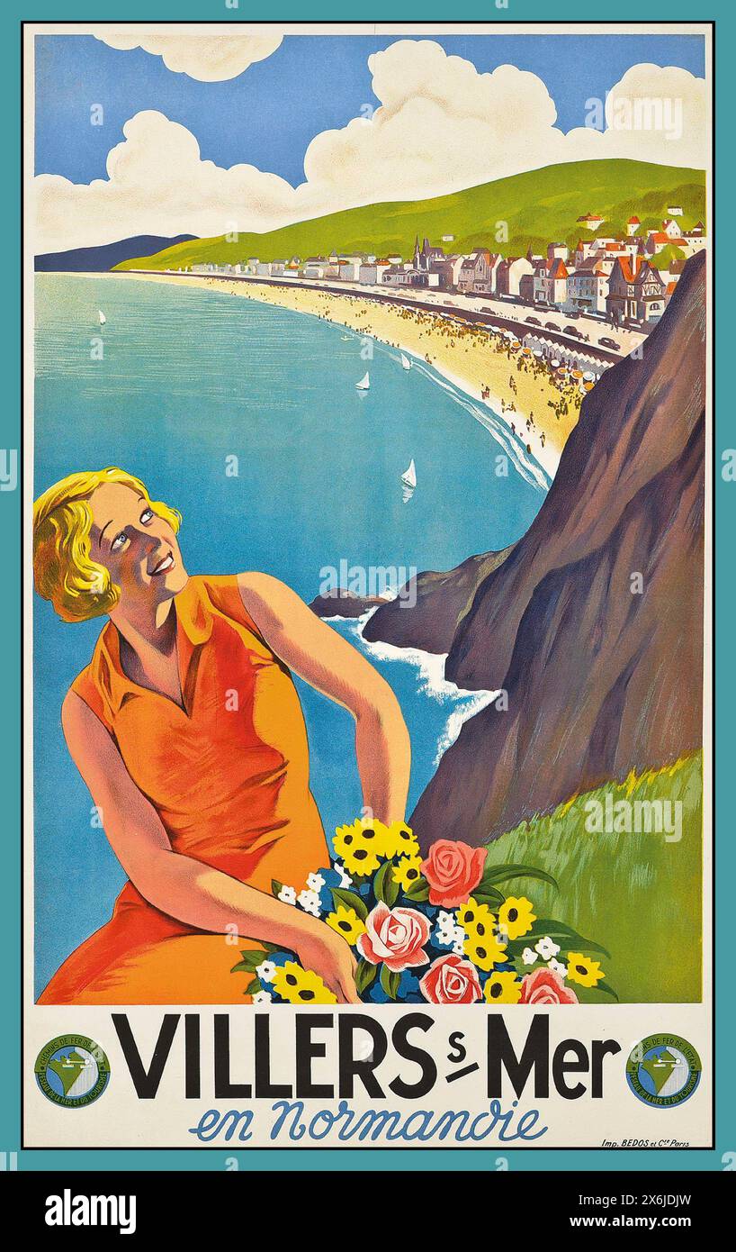1930er Jahre Vintage Old Historic French Villers Sur Mer affiche Vintage French Travel Poster für die Normandie in Calvados Region AFFICHES FRANCAISES DE TOURISME - FRENCH TRAVEL POSTER 1930 Villers sur MER VILLERS S MER Lithografie in Farben, c.1930, gedruckt von Bedos & Cie., Paris, Stockfoto