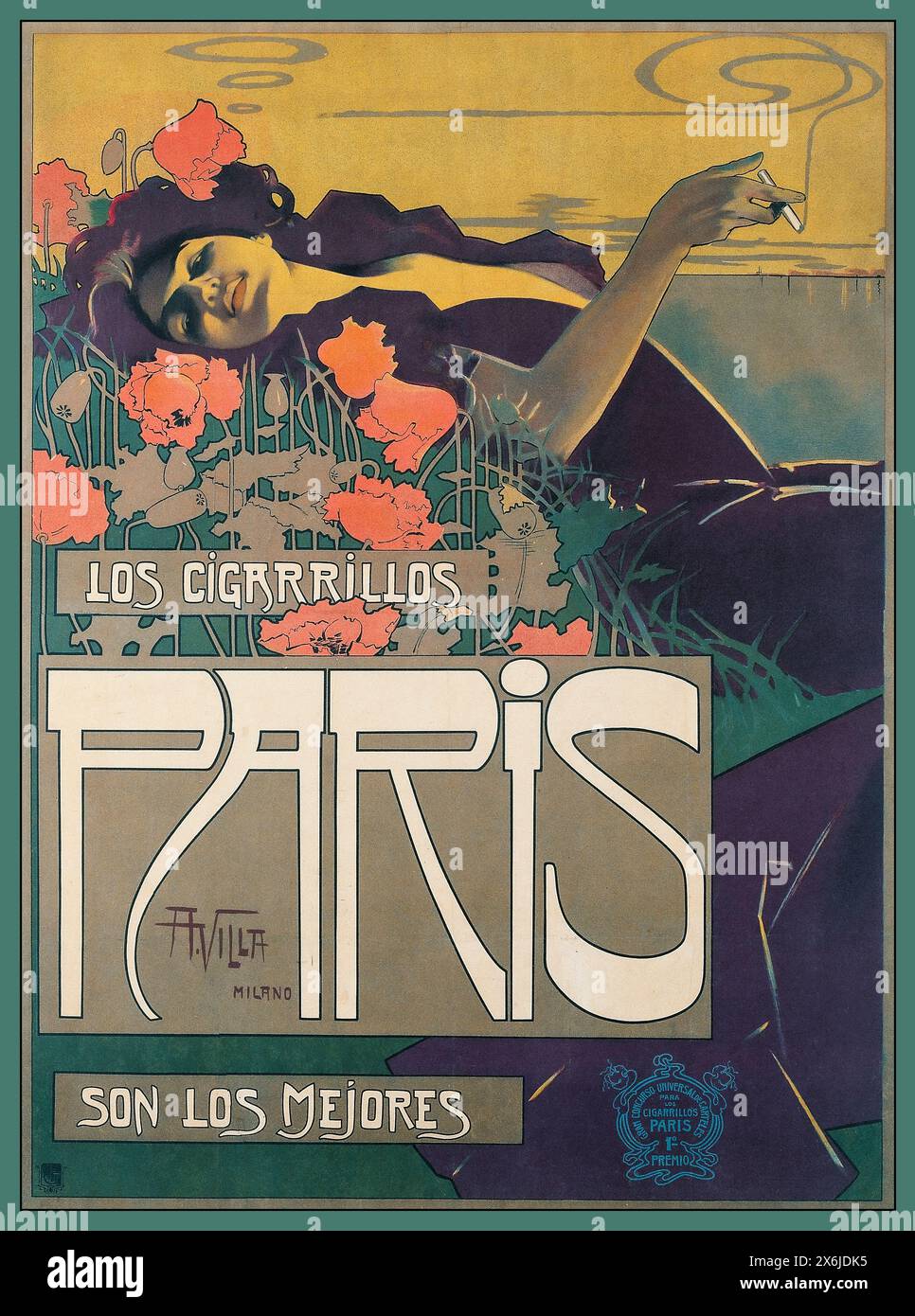 Vintage Zigarettenwerbung Poster 1900er Jahre 'Los Cigarrillos Paris' 'Son los mejores' (sie sind die besten) (1901) im JUGENDSTIL von Aleardo Villa (Italienisch Mailand, 1865-1906) Stockfoto