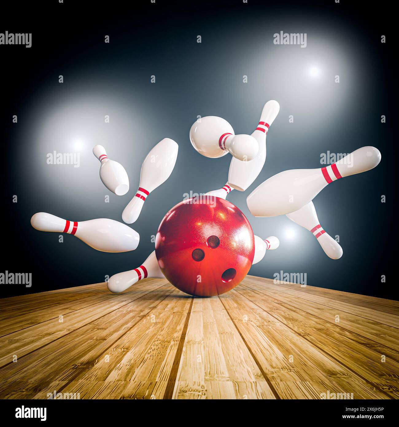 Schlag Schuss rote Bowlingkugel, die auf Pins trifft, Holzfleckenleuchte Stockfoto