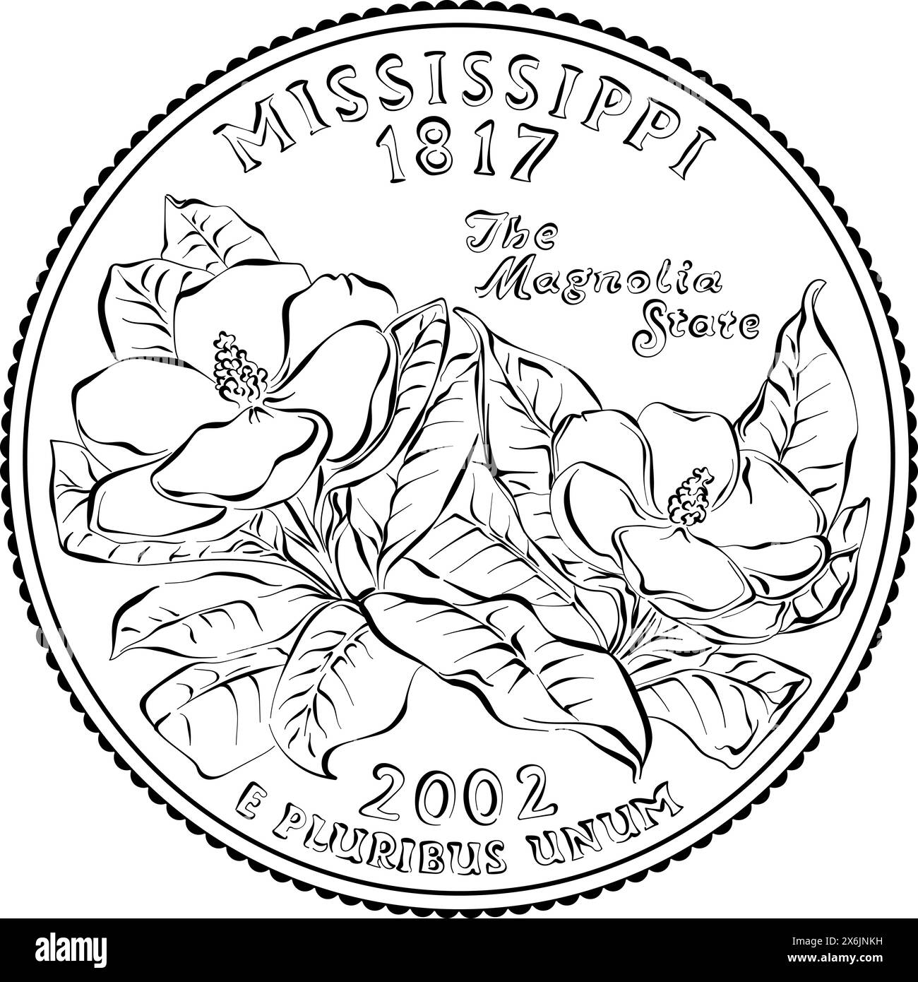 Amerikanisches Geld, US-Washington-Dollar-Viertel Mississippi oder 25-Cent-Münze, zwei Magnolien auf der Rückseite Stock Vektor