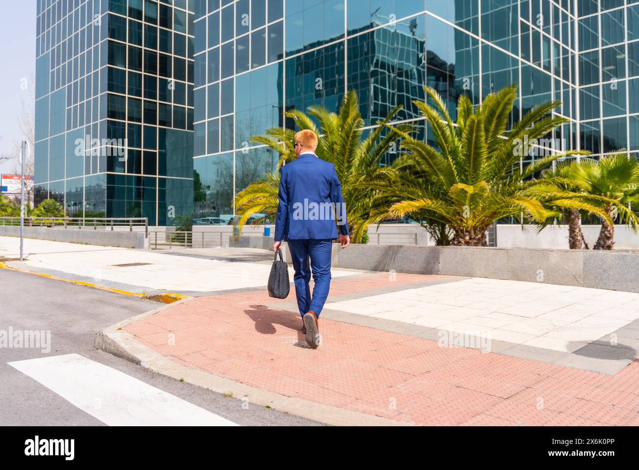 Rückansicht eines eleganten Geschäftsmannes, der im Block Office ankommt Stockfoto