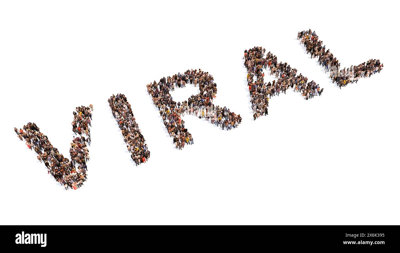 Begriffliche grosse Gemeinschaft von Menschen, die das Wort "VIRUS" bilden. metapher für 3D-Illustrationen für beliebte, Trend-, globale, kreative Inhalte, Informationen Stockfoto
