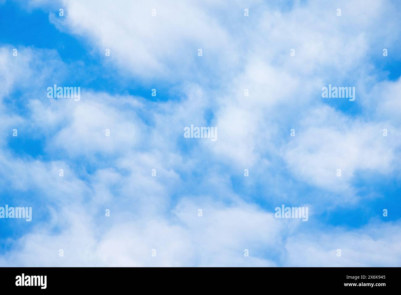 Blauer Himmel mit einer Schicht weißer Wolken an einem sonnigen Tag, natürliche Hintergrundfotostruktur Stockfoto