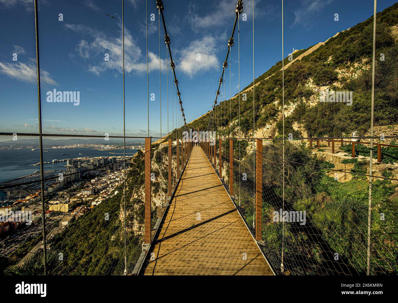 Windsor Hängebrücke im Upper Rock Nature Reserve von Gibraltar, Blick auf den Hafen und die Bucht von Algeciras, British Crown Colony, Spanien Stockfoto