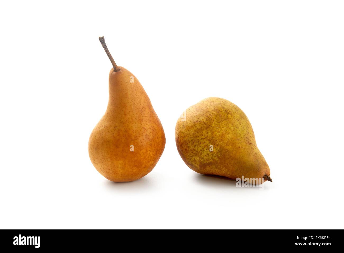 Zwei reife saftige Birnenfrüchte mit weichem Schatten isoliert auf weißem Hintergrund mit Schnittpfad. Stockfoto