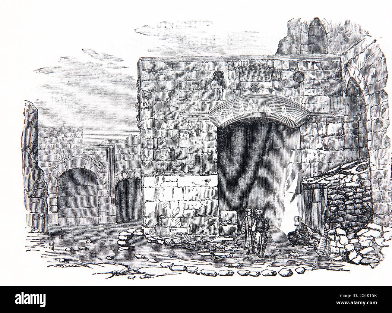 Holzgravierung des Stephanstors eines der sieben Tore der Altstadt von Jerusalem in der antiken, illustrierten Familienbibel aus dem 19. Jahrhundert Stockfoto