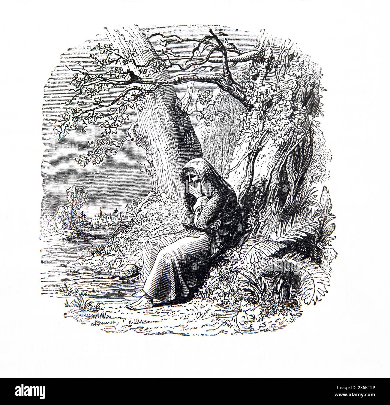 Holzgravierung des weinenden Propheten Jeremia in der antiken Familienbibel des 19. Jahrhunderts Stockfoto