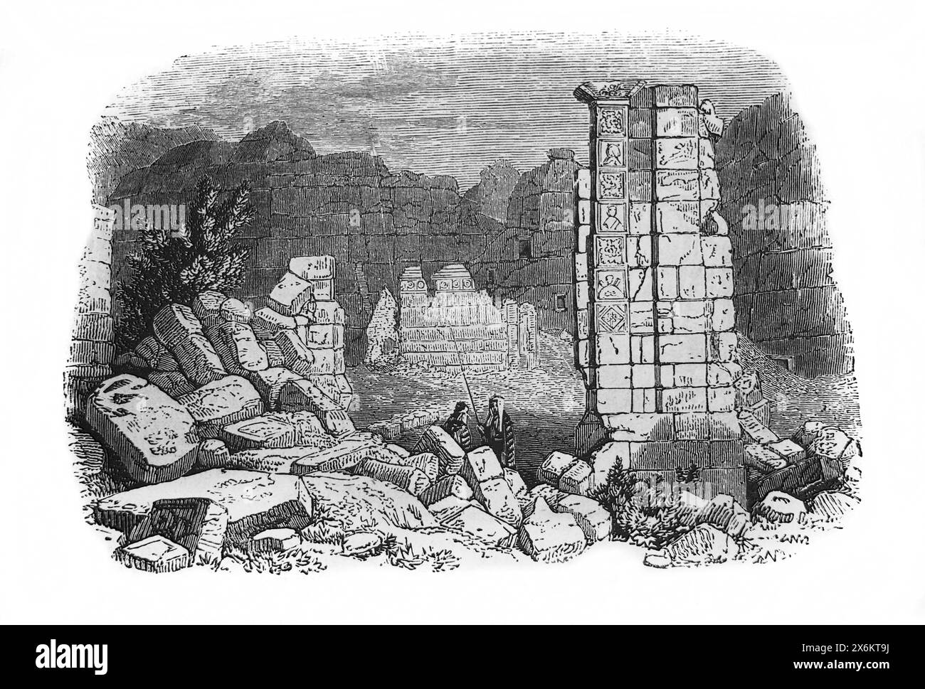 Holzgravierung der Petra-Ruinen eines Tempels, der in den „Felsspalten“ aus der illustrierten Familienbibel aus dem 19. Jahrhundert erbaut wurde Stockfoto