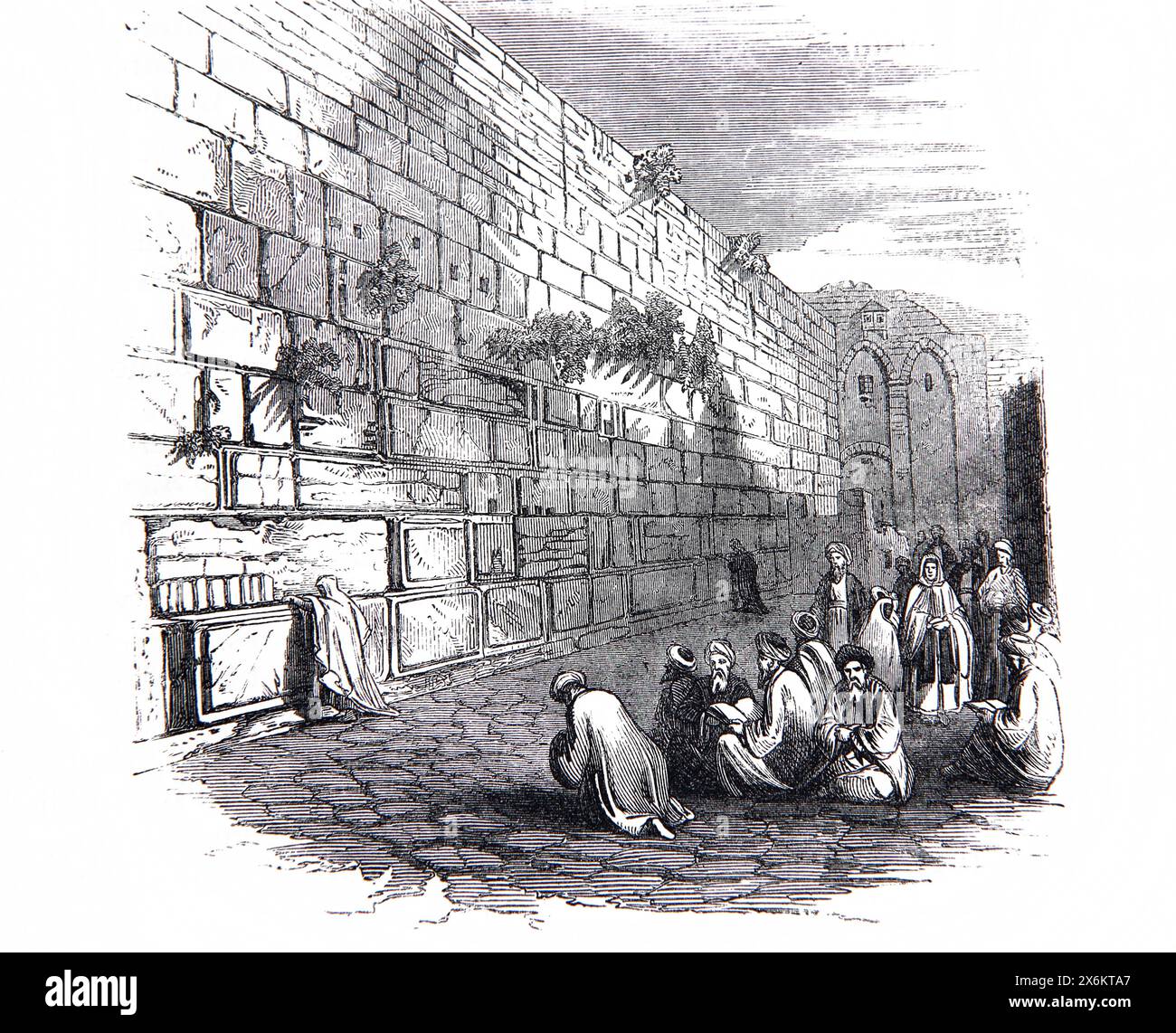 Holzgravur von Juden an der Klagemauer in Jerusalem in der antiken, illustrierten Familienbibel des 19. Jahrhunderts Stockfoto