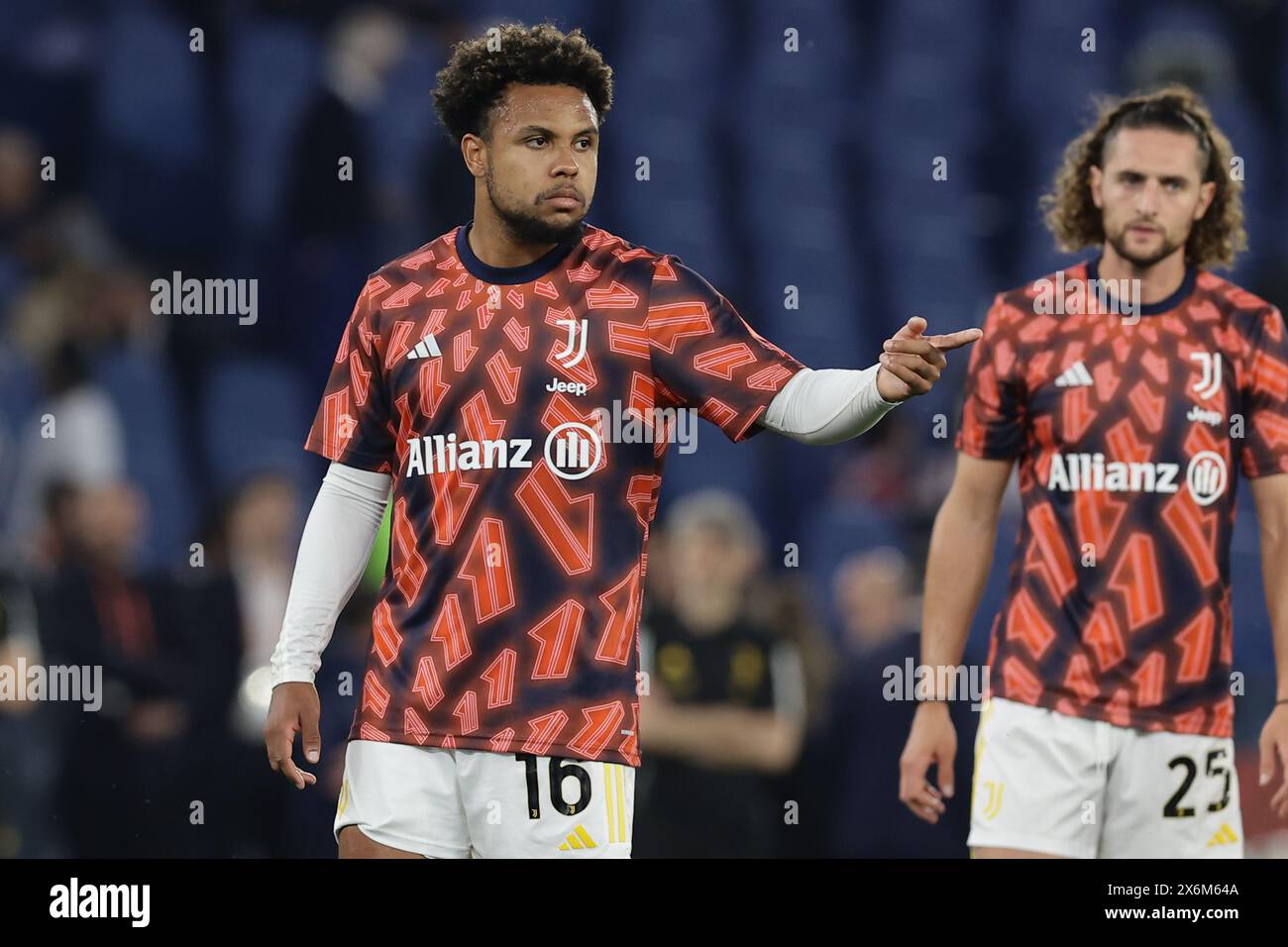 Juventus’ amerikanischer Mittelfeldspieler Weston McKennie gestikulierte vor dem Finale des italienischen Pokals zwischen Atalanta und Juventus im Stadio Olimpico am 15,2024. Mai in Rom. Stockfoto