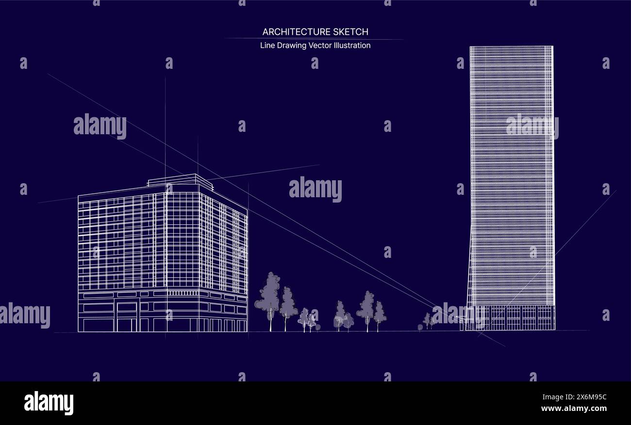 Linienzeichnung der Architektur. Cityscape Sketch, Vektorskizze. Architekturdarstellung. Stock Vektor