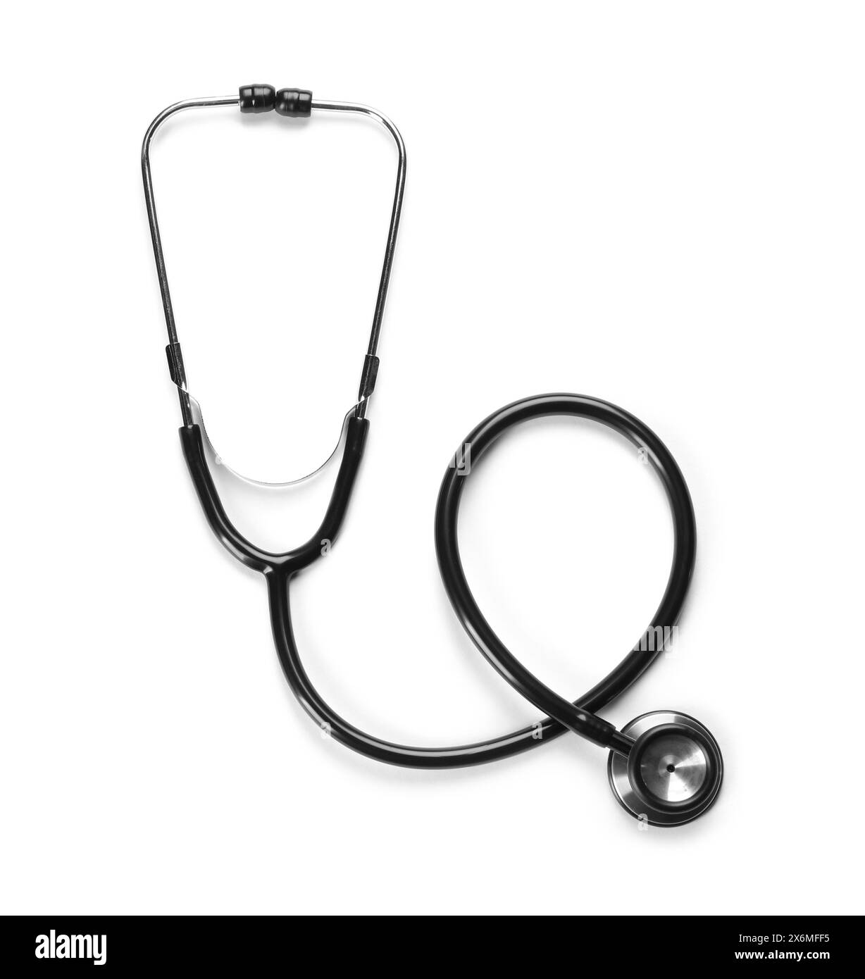 Neues Stethoskop auf weißem Hintergrund, Draufsicht. Medizinisches Instrument Stockfoto