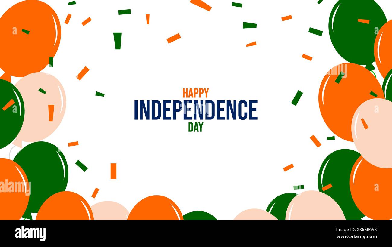 Indischer Unabhängigkeitstag. August. Flagge Indien. Ballons und Konfetti. Vorlage für Postkartenposter für Werbebanner-Design-Einladungen. Vektorabbildung. Stock Vektor