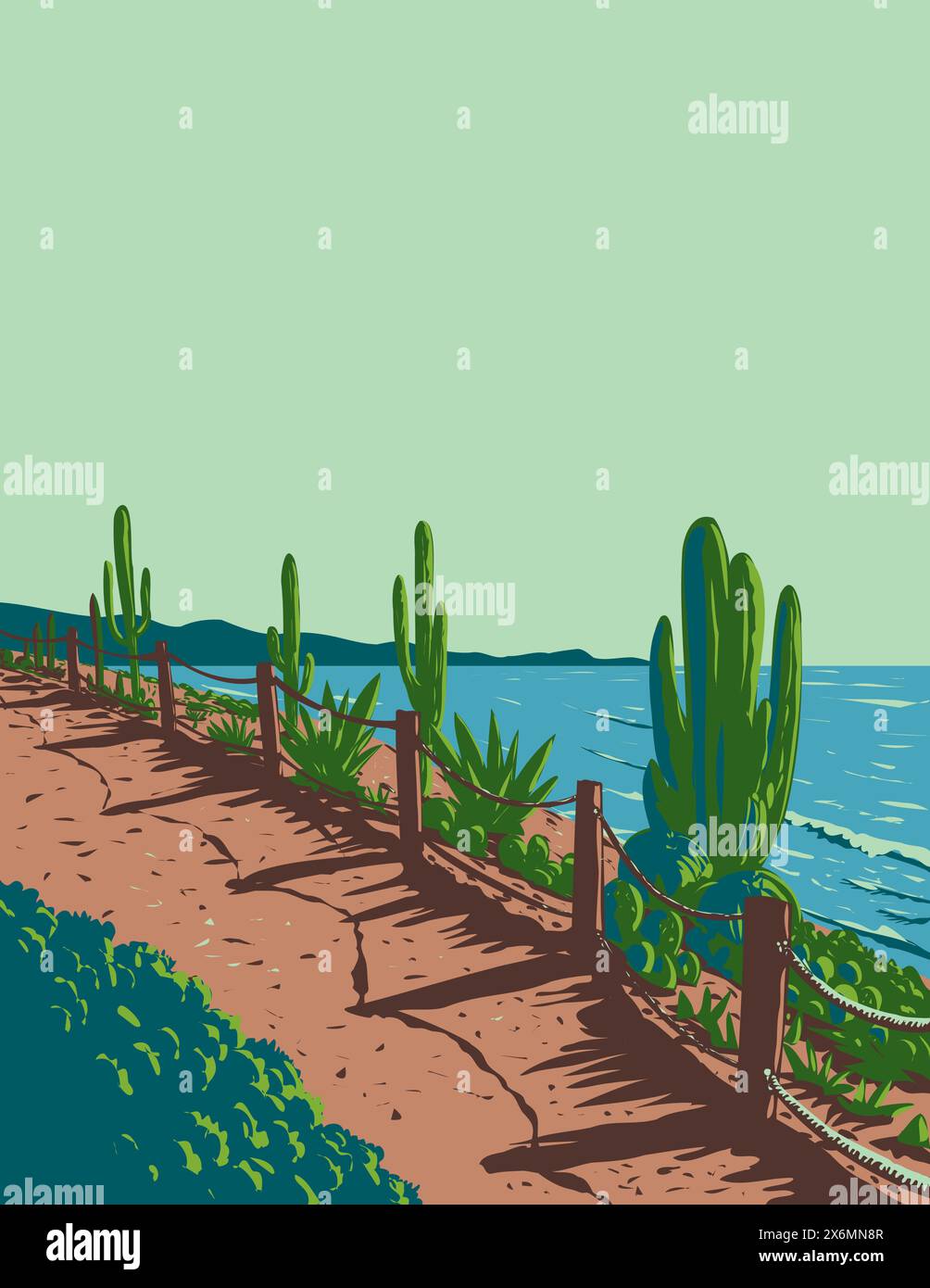 WPA Poster Art of Surf Beach am Boneyard Beach zwischen Swami's Beach und D Street Beach in Encinitas, North County San Diego, Kalifornien, USA Stock Vektor