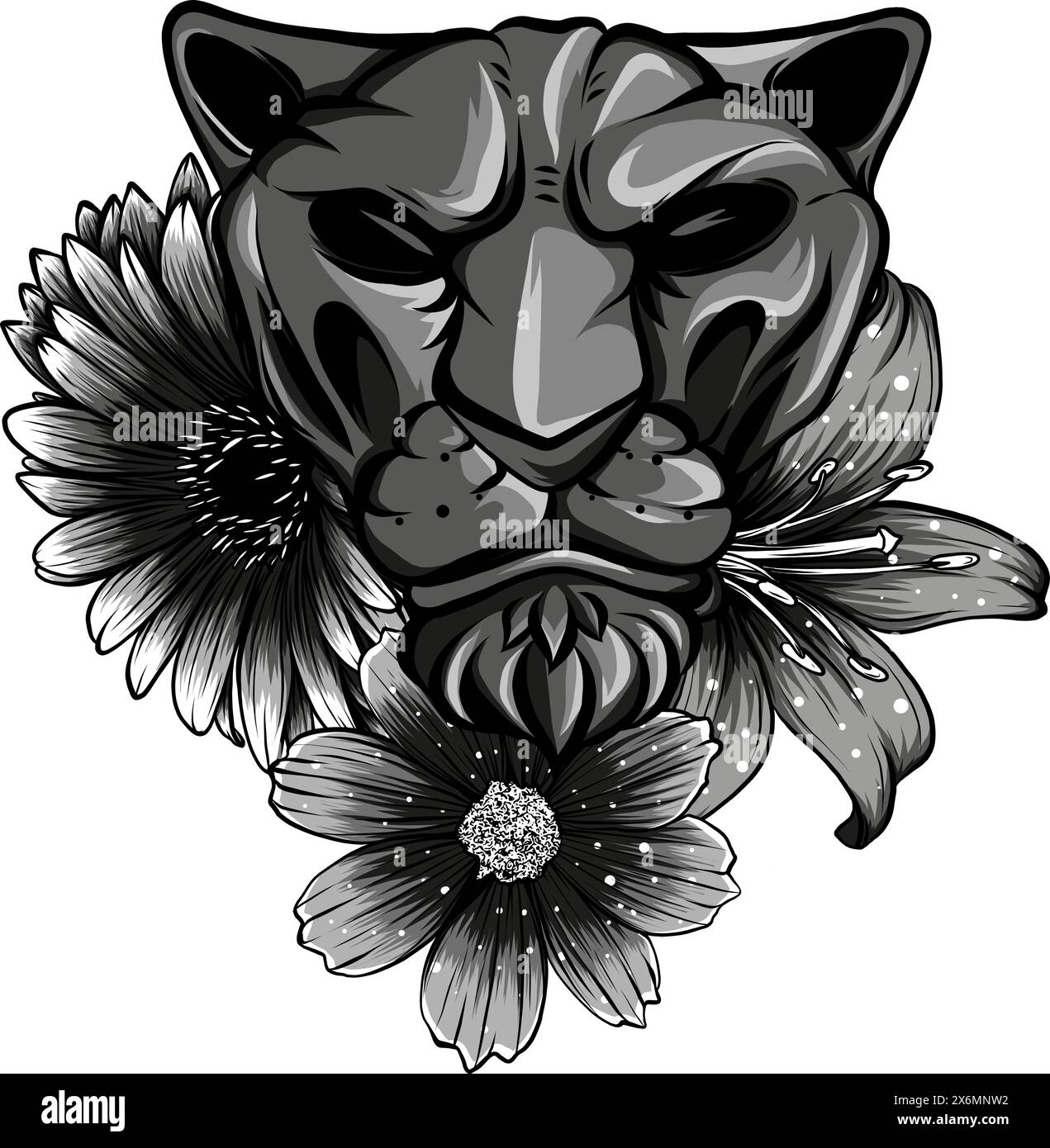vektordarstellung eines monochromen Löwen mit Blume auf weißem Hintergrund Stock Vektor