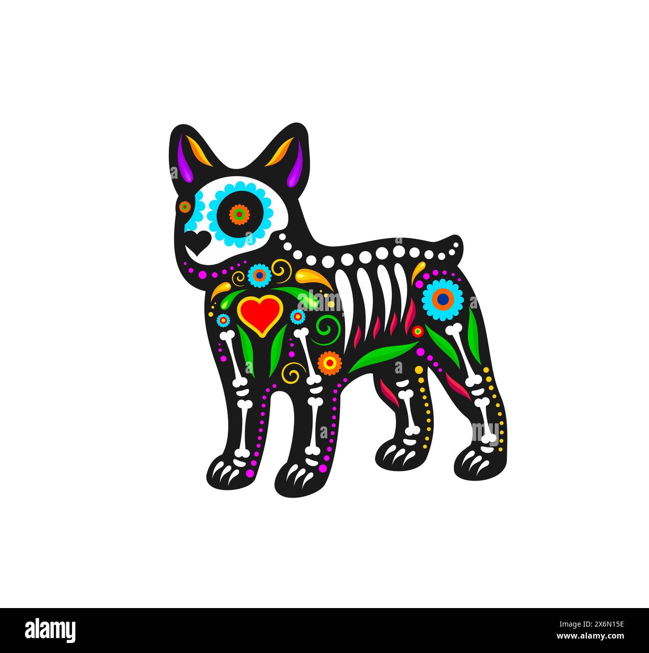 Mexikanischer Tag des toten Hundetiers Zuckerschädel Tattoo. Isolierter Vektor Dia de los muertos, Welpenform mit lebendigen Blumenmotiven und Knochen, die Erinnerung und Feier verstorbener Haustiere symbolisieren Stock Vektor