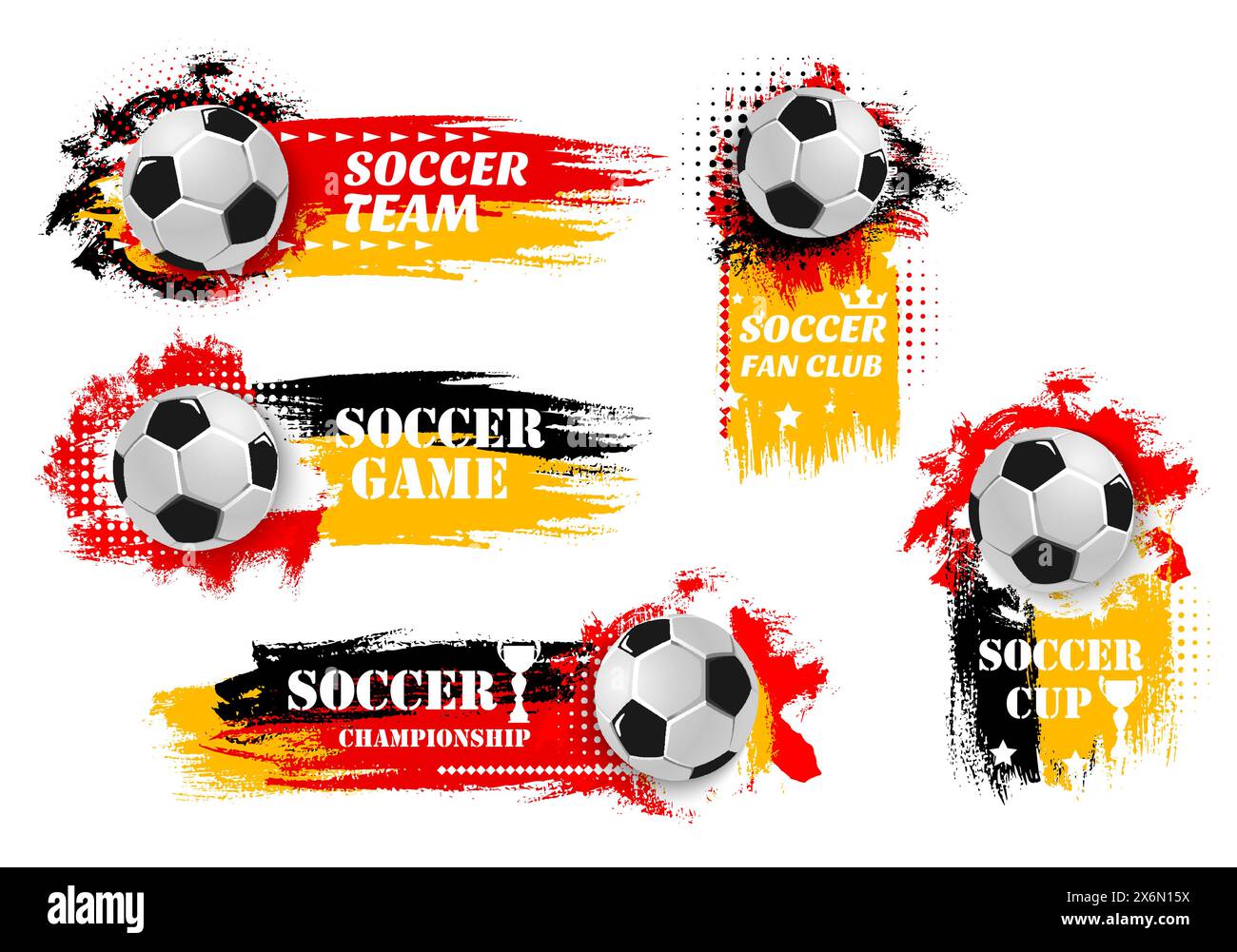 2024 Euro Fußball Cup Grunge Banner. Vektor-dynamische Fußballbälle mit leuchtenden Farbtupfern in roten, gelben und schwarzen Flaggenfarben, die für Fußballsportveranstaltungen, Fanclubs, Spiele, Meisterschaften und Teams werben Stock Vektor