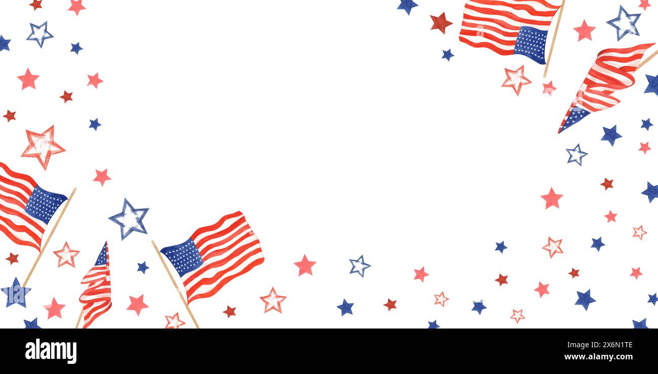 Amerikanische Flaggen und Sterne. Die Fahnenmasten schwenken die Nationalflaggen der USA. Sterne in patriotischen Farben. Horizontaler Rahmen mit leerem Raum. Gedenktag Stockfoto