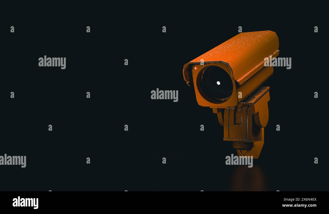 Eine alte Überwachungskamera mit leuchtendem rotem Licht - 3D-Illustration Stockfoto