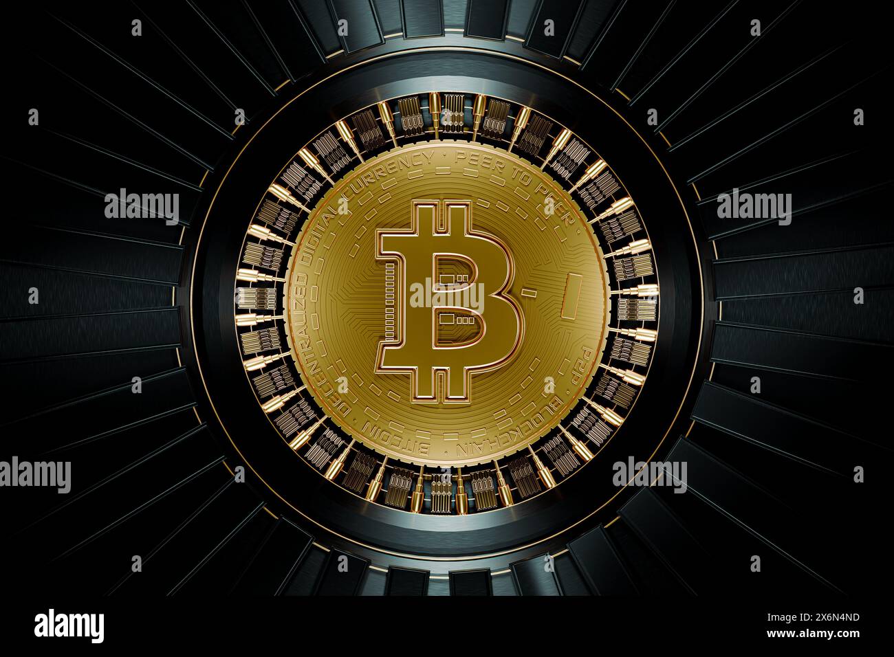 Abstrakte Darstellung der Erstellung eines neuen Bitcoins durch die Community - 3D-Illustration Stockfoto