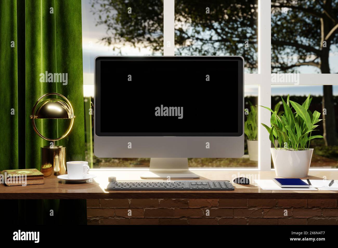 Arbeitsplatzkonzept : Desktop-Desktop mit leerem Bildschirm und Tastatur mit Blick aus dem Fenster in einen Garten - 3D-Illustration Stockfoto