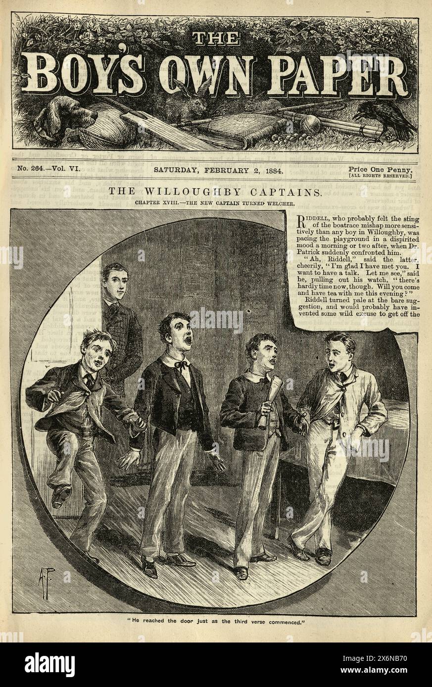 Vintage Illustration, viktorianische Schuljungen, singen Lieder und Spaß haben, viktorianische, 1880er, 19. Jahrhundert, Boy's Own Paper Stockfoto