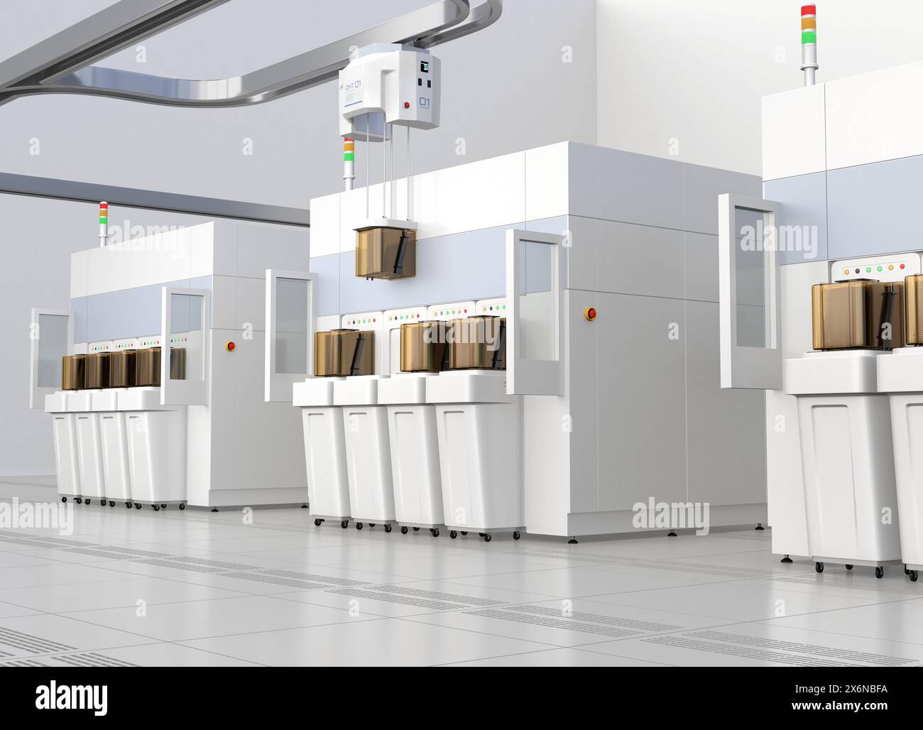 Semiconduct Wafer Cleaning, Etching and OHT System im Fab Reinraum. Allgemeines Design. 3D-Rendering-Bild. Stockfoto