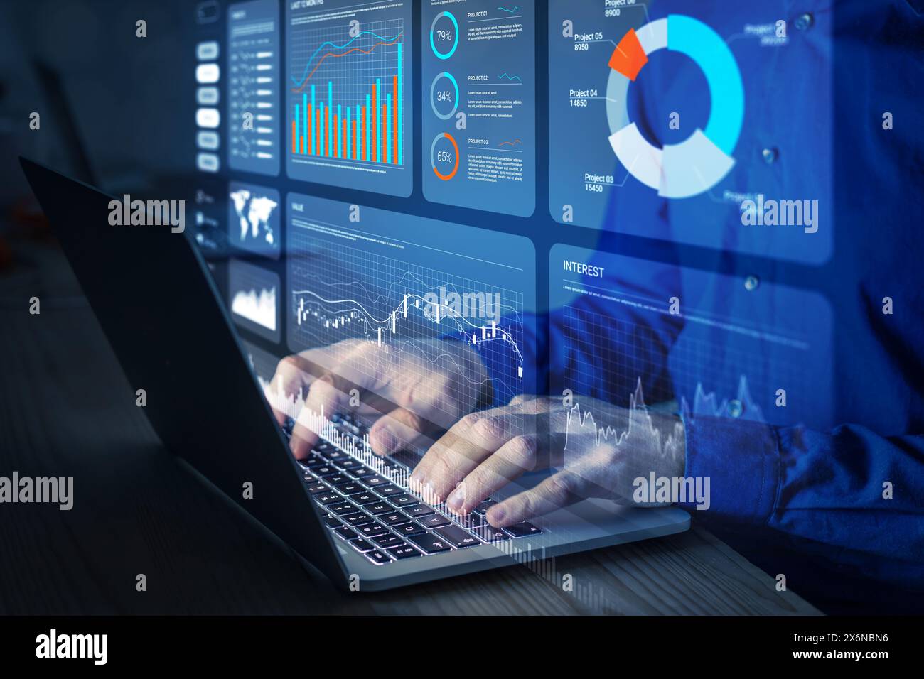 Analyst, der mit Financial Report und Business Analytics Dashboard auf einem Laptop arbeitet, um Finanzdaten mit KPI und Kennzahlen zu analysieren. Investitionen, Stockfoto