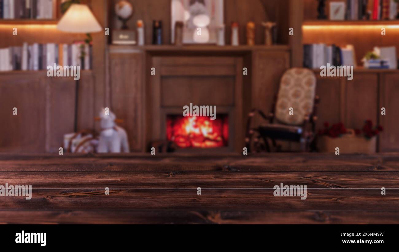 Unschärfe Luxus Holz Haus Kamin Schaukelstuhl mit Bücherregal mit Holzboden für Werbung Montage Hintergrund Stockfoto
