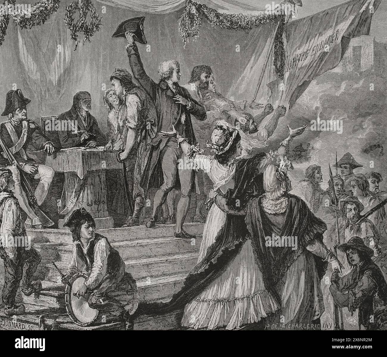 Die Nationalversammlung erklärte nach der Sitzung vom 11. Juli 1792 „La Patrie en Danger“ (das Heimatland in Gefahr). Es war die Antwort auf die Absicht der europäischen absoluten Monarchien, vor allem Preußen und Österreich, die Französische Revolution zu beenden. Aufnahme von Freiwilligen. Zeichnung von Hippolyte de la Charlerie. Gravur von Jonnard. "Geschichte der Französischen Revolution". Band I, 1876. Stockfoto