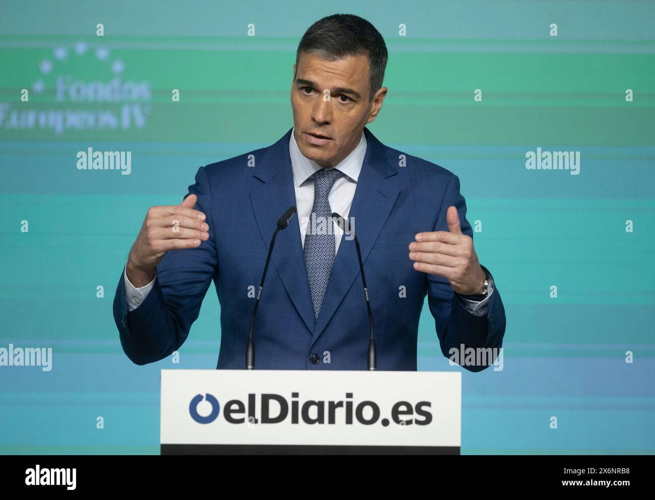 The President of the Government, Pedro Sánchez, inaugurates the IV edition of the forum 'European Funds', in the Auditorio El Beatriz, on May 16, 2024, in Madrid (Spain). The fourth day of the forum is entitled: 'Innovation for sustainable growth' and is organized by 'elDiario.es'. 16 MAY 2024 Eduardo Parra / Europa Press 05/16/2024 (Europa Press via AP) Stockfoto