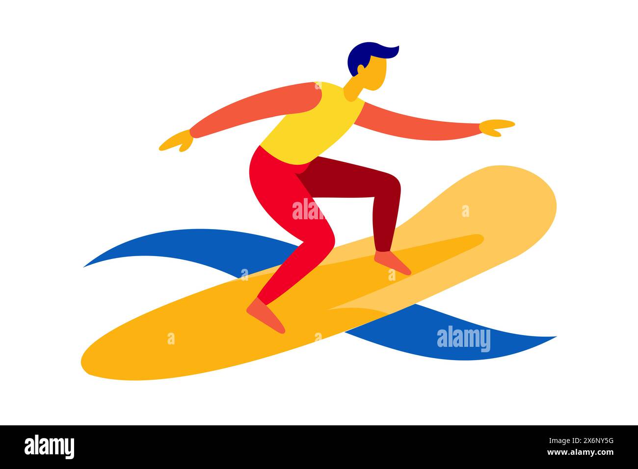 Mann, der auf einer pulsierenden Welle surft. Surfer auf einem farbenfrohen Surfbrett auf einer Welle. Konzept von Wassersport, Action, Urlaub. Grafische Abbildung. Drucken, Stock Vektor