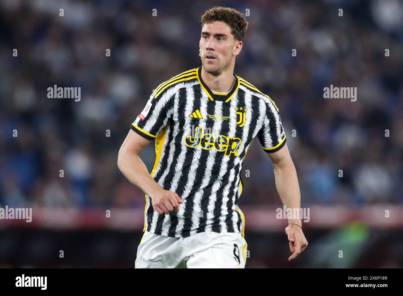 Dusan Vlahovic von Juventus F.C. in Aktion beim Coppa Italia 2023/24 Endspiel zwischen Atalanta Bergamo und Juventus F. C im Olympiastadion in Rom, Italien Endergebnis; Atalanta Bergamo 0:1 Juventus F. C (Foto: Grzegorz Wajda / SOPA Images/SIPA USA) Stockfoto