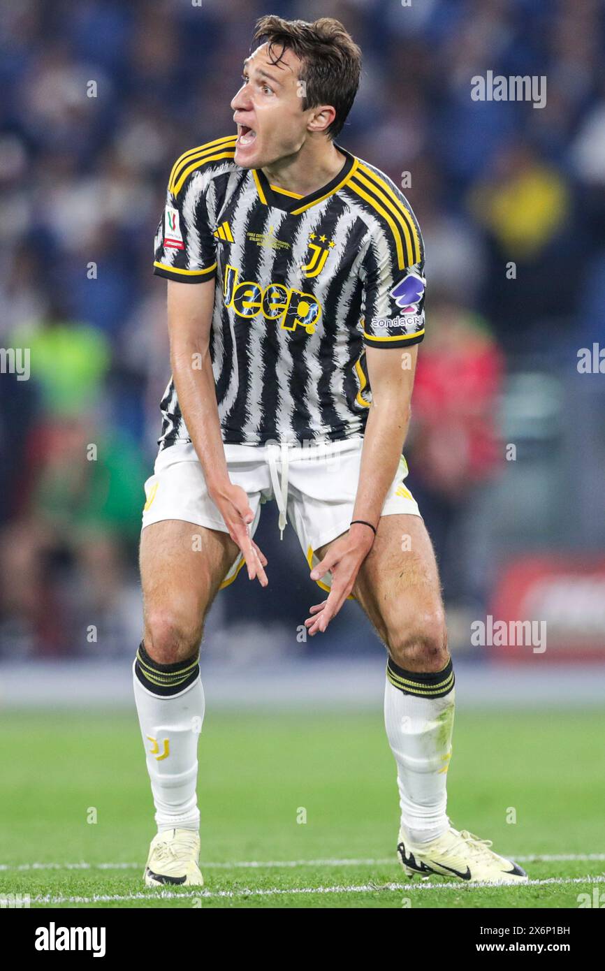 Federico Chiesa von Juventus F.C. reagierte im Finale der Coppa Italia 2023/24 zwischen Atalanta Bergamo und Juventus F. C im Olympiastadion in Rom, Italien Endergebnis; Atalanta Bergamo 0:1 Juventus F. C (Foto: Grzegorz Wajda / SOPA Images/SIPA USA) Stockfoto