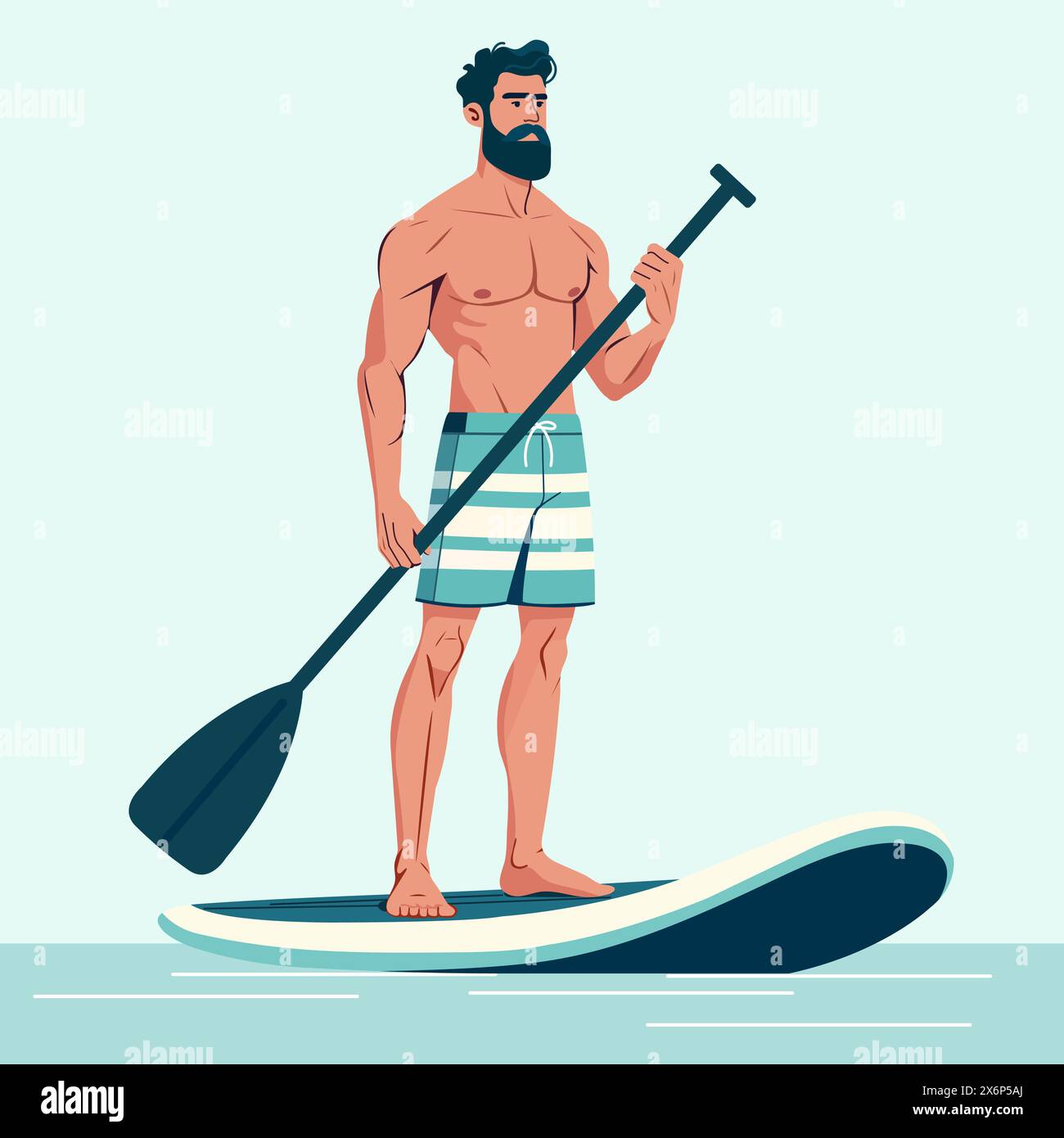 Vektor-Illustration glücklicher athletischer Mann hält Paddel in seinen Händen und steht auf Sup Board. Sommer aktive Erholung auf dem Meer. Stehpaddelbrett. SUP. S Stock Vektor