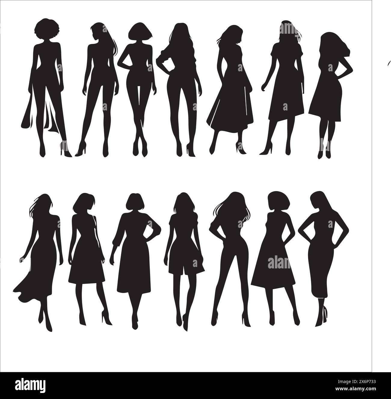 Diverse Silhouette Illustrations of Women: Artistic Expressions in verschiedenen Charakteren, Posen und Emotionen für kreative Projekte Stock Vektor