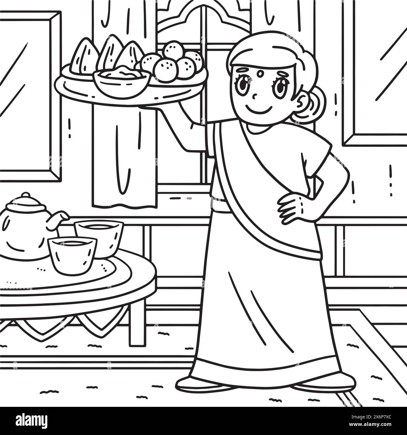 Diwali Mom Carry Food Ausmalseite für Kinder Stock Vektor