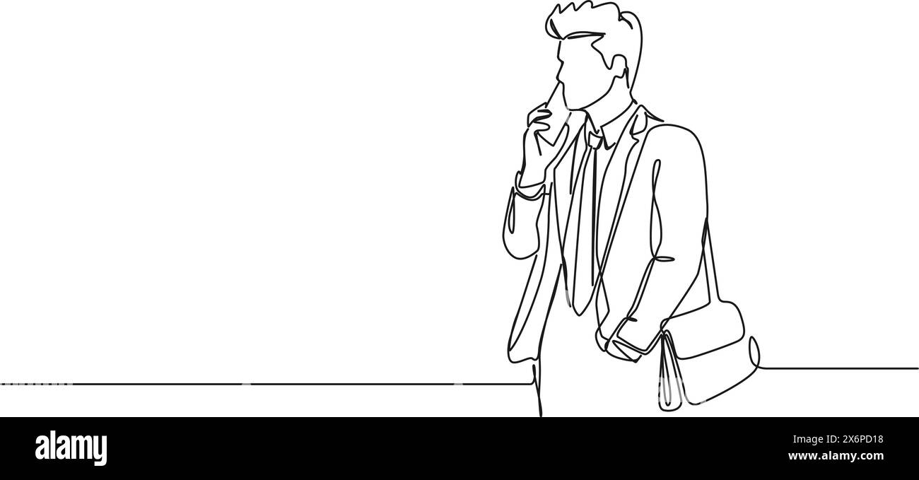 Ununterbrochene Einzeilenzeichnung des jungen Geschäftsmannes, der am Telefon spricht, Zeilenkunstvektorillustration Stock Vektor